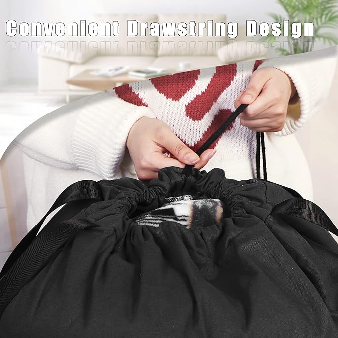 Sanlykate Large Canvas Cotton Laundry Bag with Drawstring & Handles, Heavy Duty Durable Dirty Clothes Organizer, Tear Resistant Hamper Liner Storage Bag, Travel Sack, 25.5 x 34inch - Black