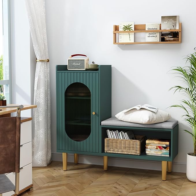 HLR Storage Bench with Glass Door&Shelf, Modern Entryway Shoe Cabinet Bench with Padded Seat, Green L-Shaped Storage Cabinet for Hallway, Bedroom, Living Room, Office