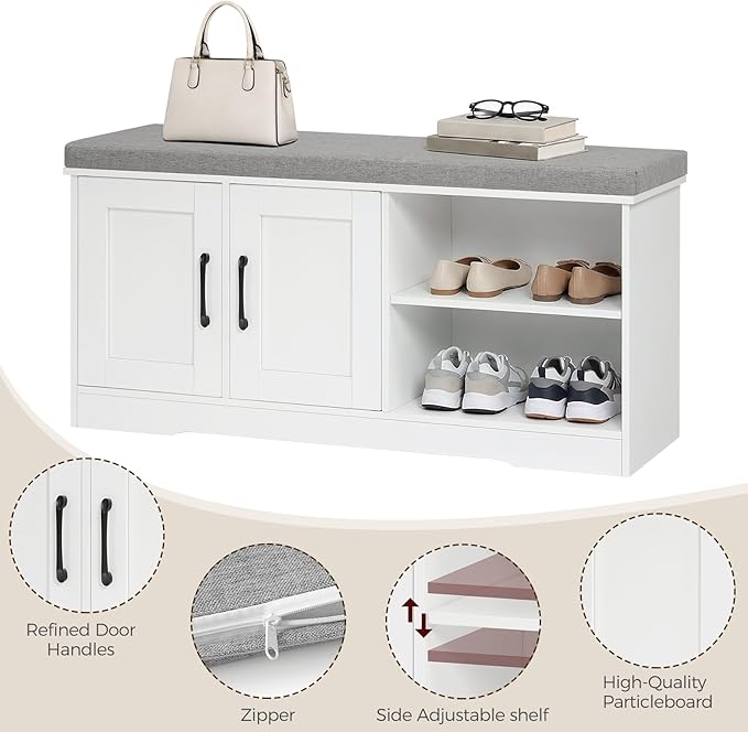 Storage Bench, 39.4" Wide Shoe Bench with Padded Seat Cushion, Entryway Bench with 2 Doors and Adjustable Shelf, End of Bed Bench, for Hallway, Bedroom, White and Gray BSWT1201