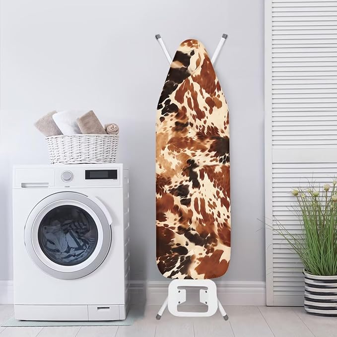 Brown Cow Print Reflects Heat Iron Board Cover, Durable Stretchable Scratches-Proof Fabric Standard Ironing Board Cover, Fitted Extra Wide 15 x 54 Ironing Boards