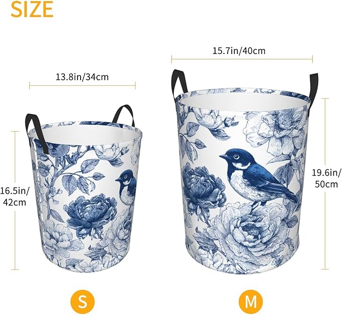 Blue Floral Bird Pattern Laundry Hamper, Collapsible Storage Basket with Handles for Clothes, Bedroom, Bathroom 19.6 x15.7 Inch