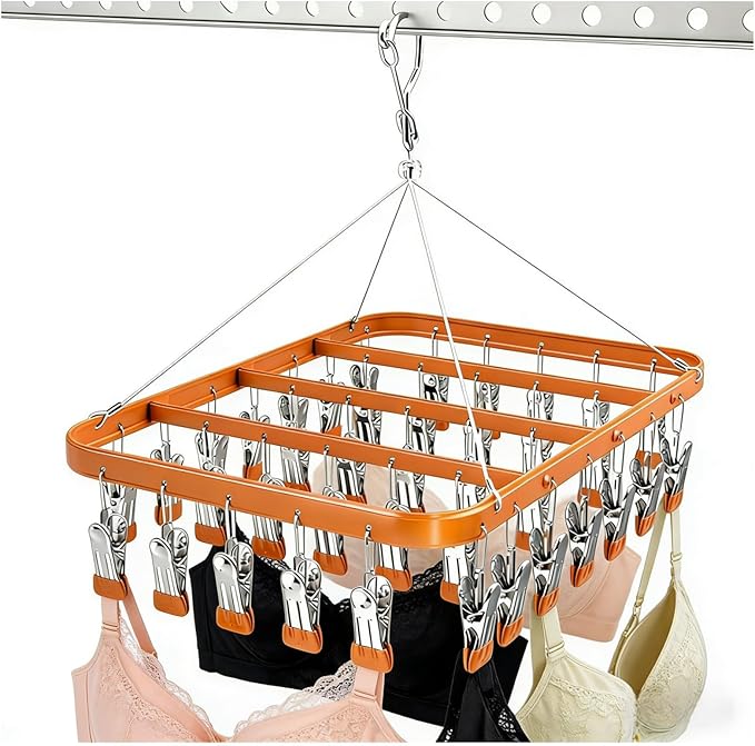 Clothes Drying Racks Clip Hangers Metal with 36 Clips Windproof Hook Underwear Hanger Foldable Laundry Clip for Socks Bras (Gold)