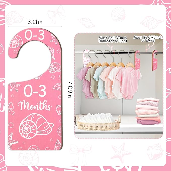 Baby Closet Dividers 8PCS, Pink Shell & Bows Themed Wooden Double-Sided Clothes Size Hanger/Organizer from Newborn to Toddler for Nursery Decor Baby Shower Birthday Party Gift