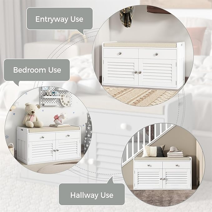 Shoe Storage Bench with Cushion, Shoe Bench, Padded Seat, 2 Drawer Storage, Entryway, Hold up to 300lbs, 15.8 x 32.29 x 18.1 Inches, White