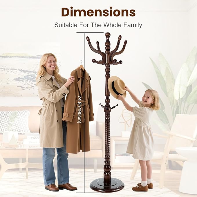 Freestanding Coat Rack with 11 Hooks, Sturdy Wooden Hall Tree for Entryway, Heavy-Duty Disc Base for Hats, Jackets, Bags, Easy Assembly for Bedroom, Hallway, Office