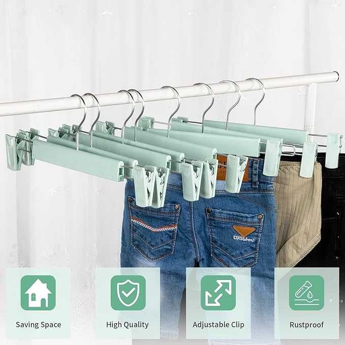 10 Pack Skirt Hangers，Pants Hangers with Clips，360 ° Swivel Hooks Space Saving Hangers for Pants, Skirts, Clothes, Jeans，Light Green