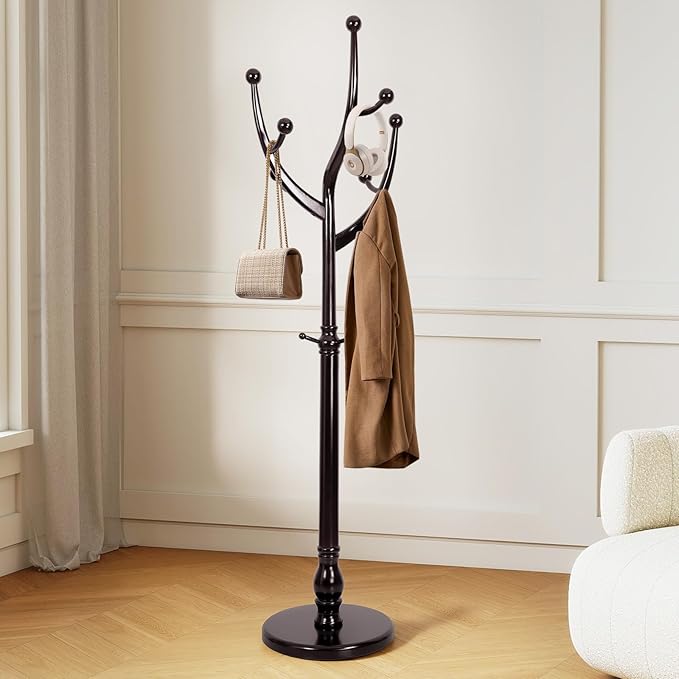 Freestanding Rubberwood Coat Rack, 11 Hooks & 16.5" Wide Round Base, Wooden Coat Rack Stand, Coat Hanger Free Standing Hall Tree for Entryway, Hallway, Bedroom, Jacket, Clothes (Wine Red)
