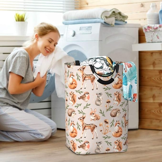 Forest Little Animals Laundry Hamper Deer Squirrel Fox Hedgehog Bird Storage Basket Toys Clothes Organizer Bin For Home Bathroom Bedroom Dorm Nursery, 52l