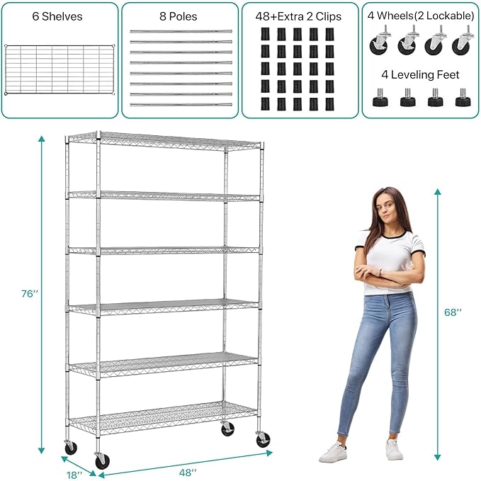 6-Tier Heavy Duty Wire Shelving Unit with Wheels or Leveling Feet, 6000 LBS Total Capacity, Adjustable Metal Storage Rack for Garage, Pantry, Kitchen, Basement, 48" W x 18" D x 76" H, Chrome