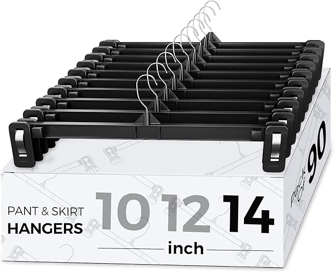 Smartor Space Saving Heavy Duty Hangers - 90 Pack, Slim Plastic Pants and Shorts Hangers, Ridged Non-Slip with Pinch Clips, 360-Rotating Chrome Swivel Hook, Black, 14 Inches