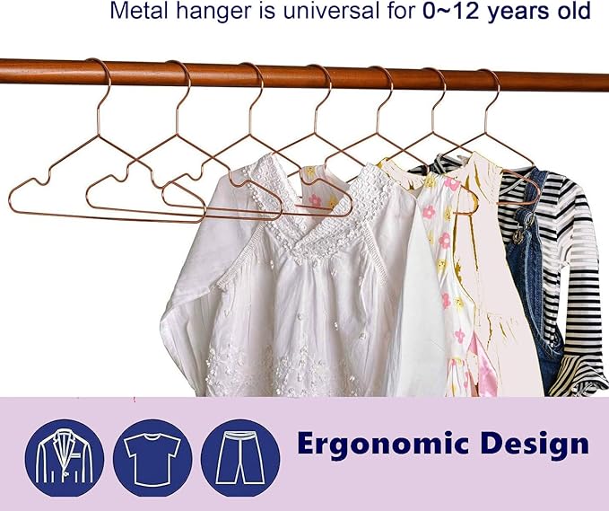 Rose Gold Metal Wire Baby Children Kids Hangers,30 Pack Non Slip Toddler Infant Clothes Hangers,12.5" Heavy Duty Space Saving Display Storage Shirt Coat Slacks Hangers