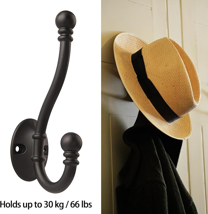 HASWARE 6 PCS Double Prong Robe Hook, Large Dual Coat Hooks with 12 Pieces Screws Wall Mounted Hooks Robe Antique Hooks Hangers Heavy Duty for Home Coats Hat Clothes Hanger Towel Keys (Matte Black)