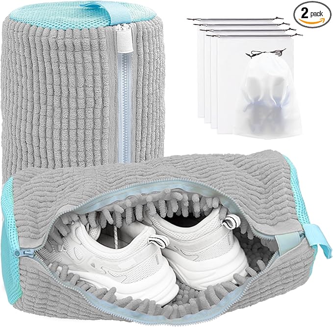 Shoe Washing Machine Bag,Laundry Shoe Bag for Washer and Dryer,Reusable Shoe Cleaning Bag for Sneakers,Tennis Shoes,With Self-locking Zipper, Microfiber Inside,Include Shoes Storage Bag (Grey(2PC))