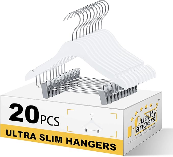 Quality 12-Inch Ultra Slim Kids Wooden Hangers – 20-Pack – Space Saving White Design with Nickel Swivel Hook – for Baby Clothes, Shirts & Dresses (White, Skirt/Blouse, 20 Pack)