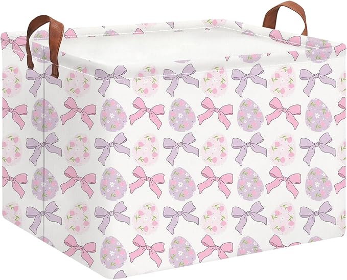 Rectangle Easter Basket Empty,Easter Gift Bakset for Kids,Easter Basket for Egg Hunting,Toys Bin with Handles,Room Decor(Bowknot Easter Basket)