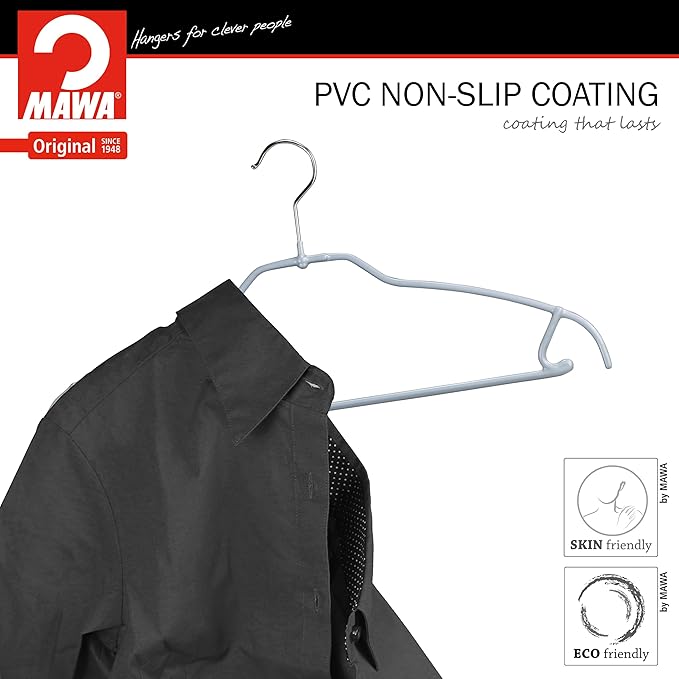 Mawa by Reston Lloyd Silhouette Ultra-Thin Series, Non-Slip Space Saving Shirt Hanger with Pant Bar & Skirt Hooks, Style 42/FTU, Pack of 2, Silver