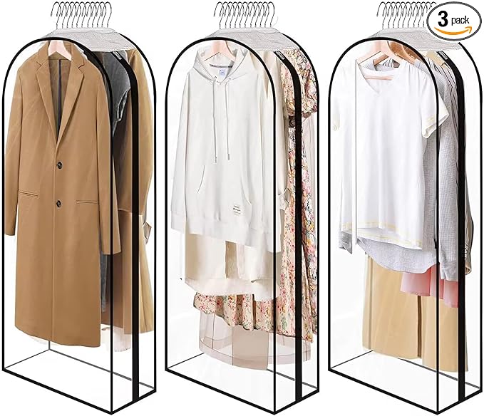 Hanging Garment Bags 3- Pack/ 40" Clear Zippered Suit Covers for Open Closet/ 10" Gusseted Plastic Storage for Dresses, Coats & Formal Wear