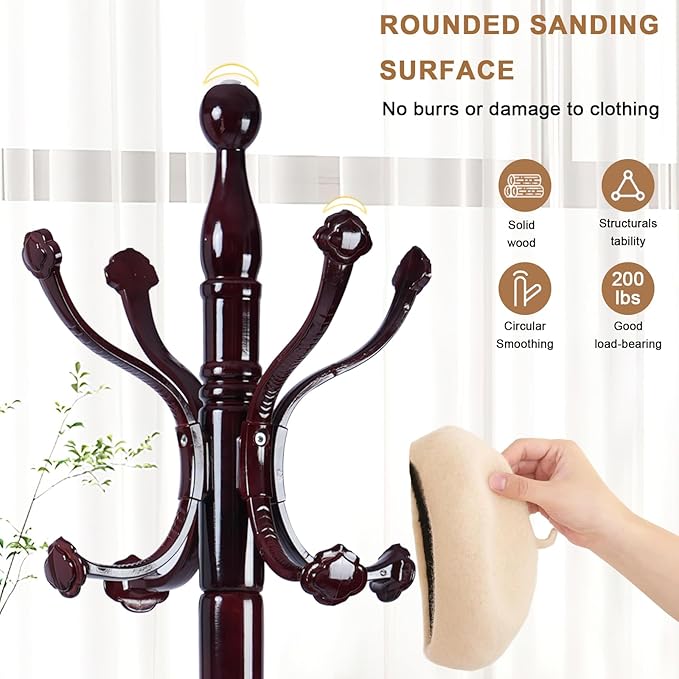 Solid Wood Coat Rack, Free Standing Hall Coat Tree with 14 Hooks, 3 Height Options, 300lbs Load, Stury Base, Clothes Rack for Entryway, Hallway, Bedroom (Disc Base - Ruyi)