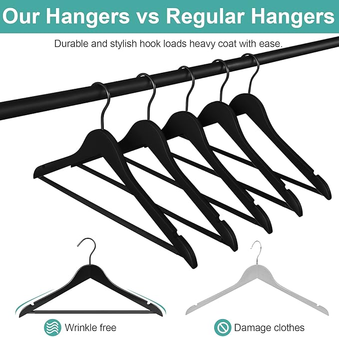 20 Pack Wooden Hangers — Premium Solid Wood Suit & Coat Hangers with Non-Slip Pants Bar, Silent Coated Hooks, 360° Swivel for Closet Organization (Black)