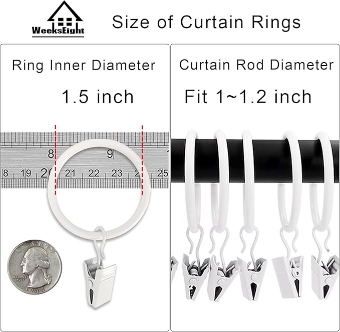 40 Pack White Curtain Rings with Clips, Curtain Hooks Hangers Clip Rings for Hanging Drapes Bows Hat, Drapery Rings 1.5 in I D, Fits up to 1.2 in Diameter Curtain Rod.
