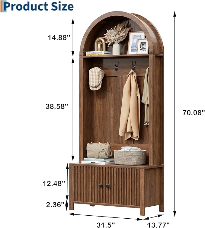 Hall Tree with Bench and Shoe Storage, 4-in-1 Mudroom Entryway Coat Rack & Shoe Storage Cabinet with 4 Hooks, Farmhouse Style Furniture Organizer for Hallway, Foyer, Walnut