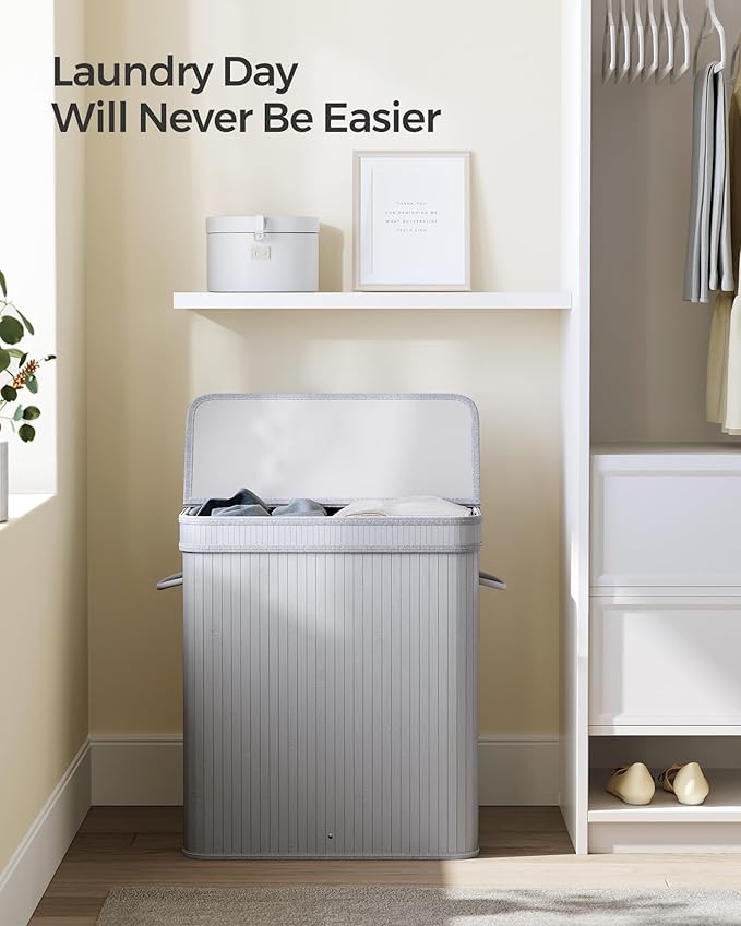 SONGMICS Laundry Hamper with Lid, Bamboo Laundry Basket, Removable Machine Washable Laundry Basket, with Handles, 26.4-Gallons, for Laundry Room, Bedroom, Bathroom, Dove Gray ULCB063G01