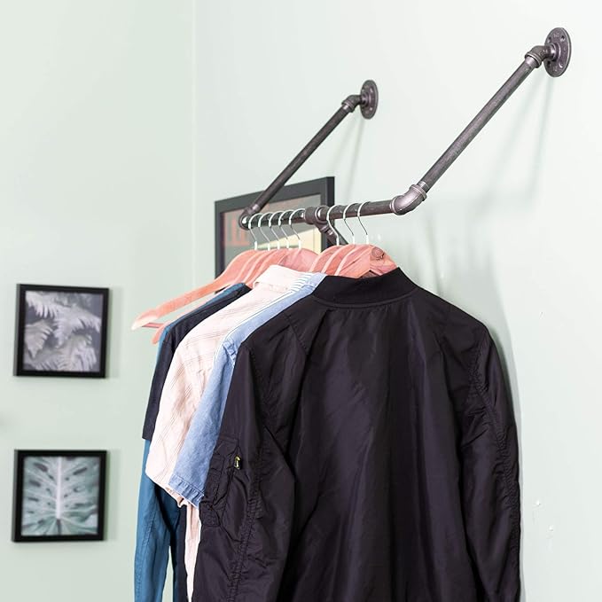 PIPE DECOR Industrial Pipe Wall Mounted Clothing Rack, Commercial or Residential Wardrobe Clothes Display, Heavy Duty Rustic Vintage Steel Grey Black Metal Garment Bracket Frame, Tri Flange Style