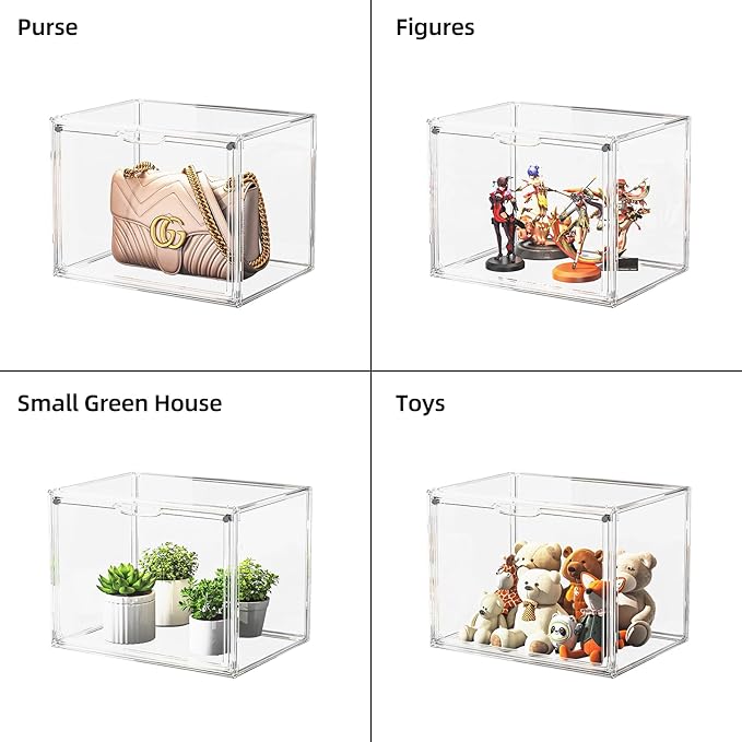Clear Acrylic Display Case, Large Stackable Storage Bins Magnetic Attraction Lids, 1 Pack Acrylic Box Showcase for Collectibles, Figures, Cosmetic, Purse, Handbag, Wallet, 10.7x8.6x14.2 inch