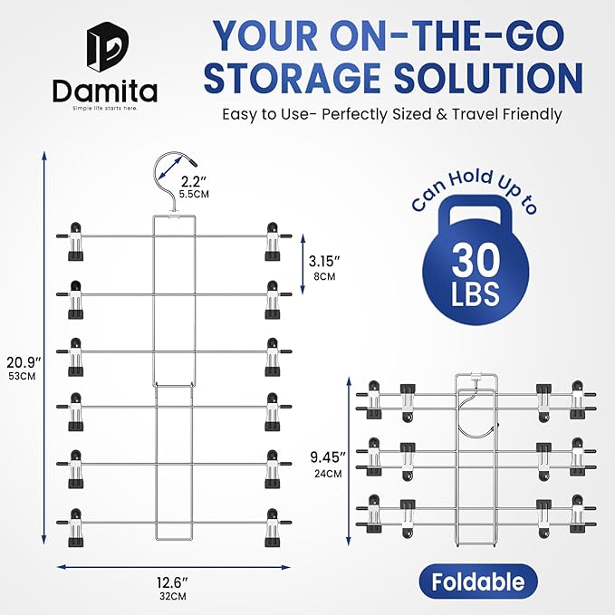 DAMITA Skirt Pants Hangers with Clips Space Saving Hanging Closet Organizer 6 Tiers Hanger with 360° Swivel Hook, Finger-Safe Design- College Dorm Room Apartment Essentials 4-Pack