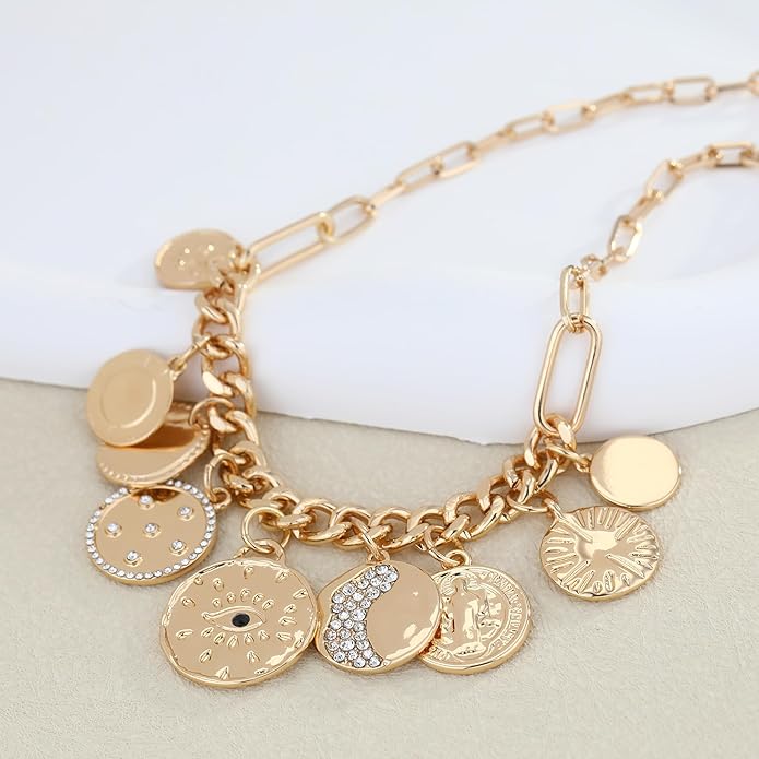 Chunky Gold Necklace for Women Gold Evil Eye Cowboy Pendant Necklace Dainty Paperclip Chain Vintage Luck Amulet Choker Necklaces Celestial Jewelry Gift