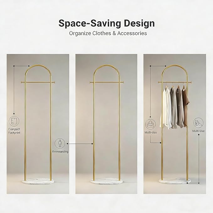CloudDream Gold Clothing Rack with Marble Base,Modern Rack Freestanding,Metal Garment Rack Suitable for Entryway,Bedroom,Living Room,Boutiques