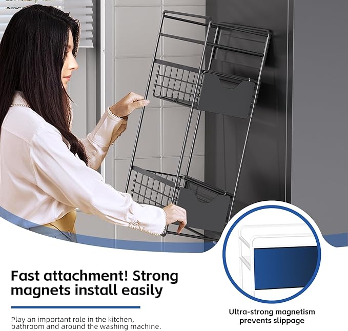 3 Tier Magnetic Shelves for Washing Machine with Pull Out Metal Drawer,Magnetic Spice Rack for Fridge,Magnetic Rack with no Installation, Versatile Storage Organizers for Home (Black, 3 Tier)