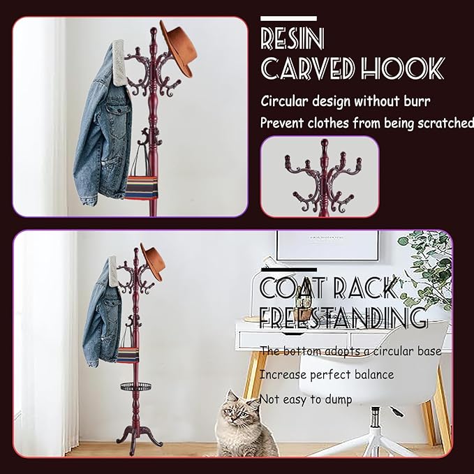 73 in Wood Coat Rack, Coat Rack Freestanding with Stable Round Base, Adjustable Height Tree Coat Racks Stand for Home Bedroom Office Hallway Entryway (Rosewood Tray)