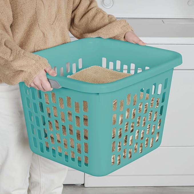 1.5 Bushel Square Plastic Laundry Basket with Two Comfortable Handles, Teal Green