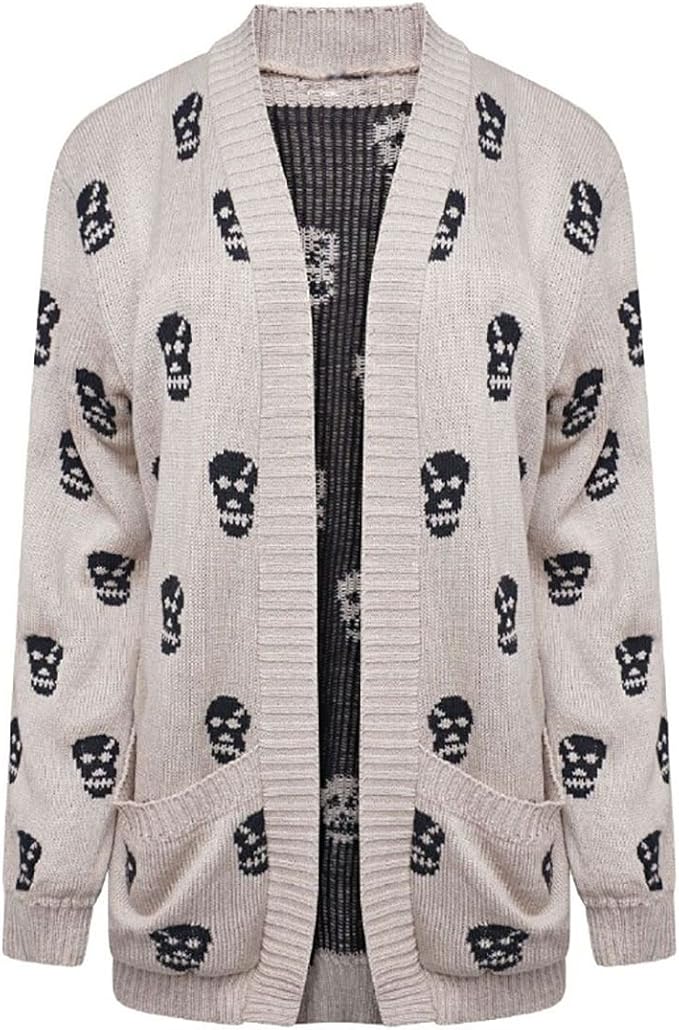 MA ONLINE Ladies Knitted Skull Print Long Sleeve Cardigan Top Women Winter Halloween Shrug Small/3X-Large