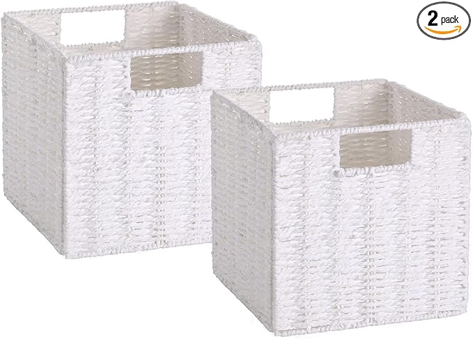 Vagusicc Wicker Storage Basket, Set of 2 Hand-Woven Storage Baskets for Organizing, Foldable Cube Storage Bins, 11 Inch Wicker Storage Baskets for Shelves and Decor, Square Closet Organizer, White