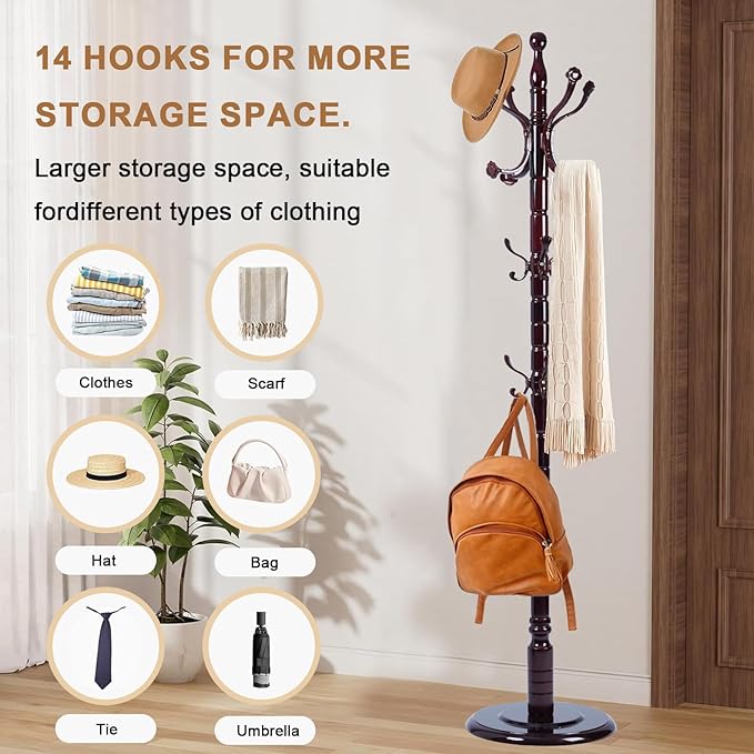 Solid Wood Coat Rack, Free Standing Hall Coat Tree with 14 Hooks, 3 Height Options, 300lbs Load, Stury Base, Clothes Rack for Entryway, Hallway, Bedroom (Disc Base - Ruyi)