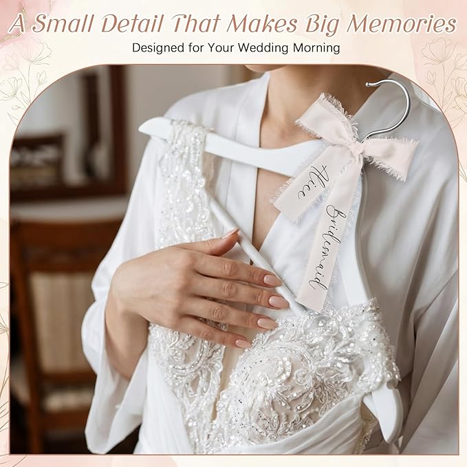 Chunful 10 Pack Personalized Bride Hanger for Wedding Dress Custom Name White Wooden Bridal Hangers with UV Dtf Transfers Natural Wood Dress Hanger with Ribbon Bow Bride Wedding (Silk Ribbon,Ivory)