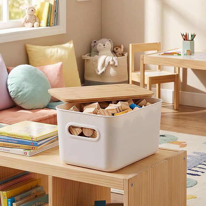 Citylife 4 PCS Storage Bins with Bamboo Lids Plastic Storage Containers for Organizing Stackable Storage Box with Handle, 10.23 x 7.08 x 6.3 inch