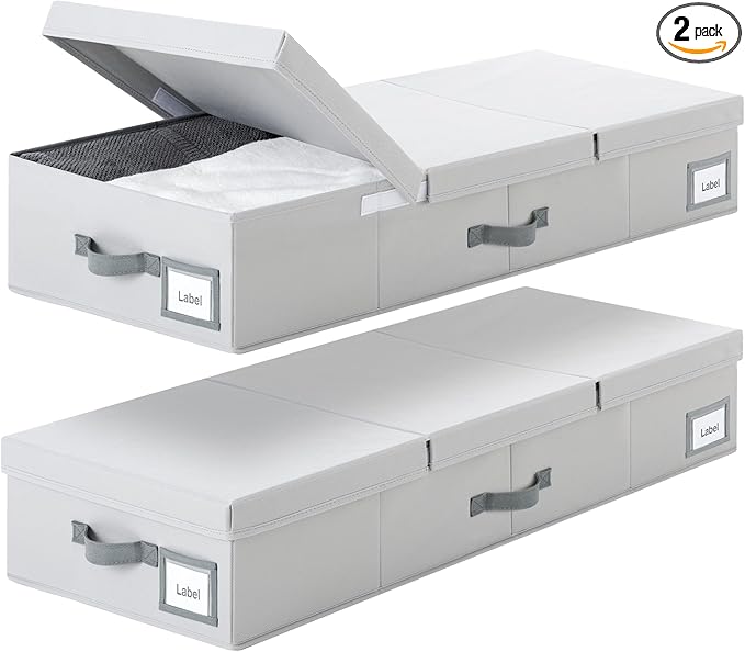 Cupic Cupid 7.5" Foldable Underbed Storage Box with Lid, 82L Large Under Bed Storage Containers with Reinforced Bottom for Comforters & Blankets, High Capacity Seasonal Bedding Organizer, 2 Pack,Grey