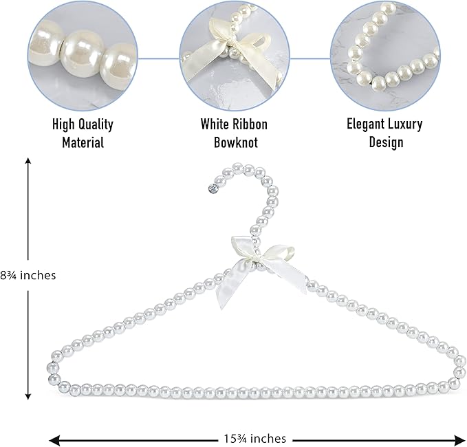 Pearl Hangers Strong Metal Heavy Duty Pack of 5 Elegant Clothes Hangers Beaded White Flower Ribbon Combination for Adults Men Women Kids Children