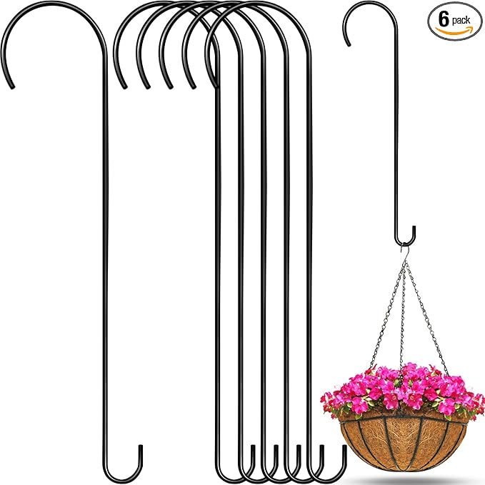 6 Pack 24 Inch Long S Hooks for Hanging Plants, Heavy Duty Metal Tree Branch Hangers Extenders for Bird Feeders Flower Baskets Wind Chimes Black Vinyl Coated Garden Hook