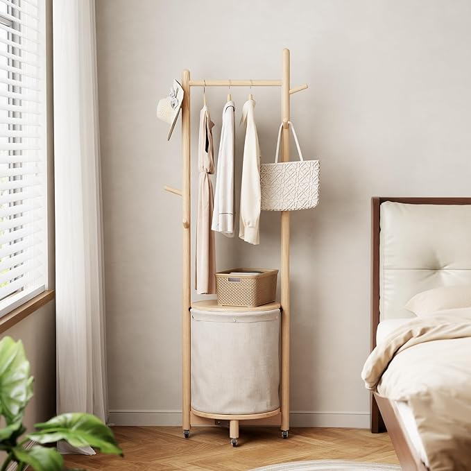 Solid Wood Coat Rack with Fabric Basket - Coat Hanger Stand Coat Tree Rack Freestanding with 9 Hooks Wheels, Small Clothes Rack For Entryway Bedroom Hallway Living Room