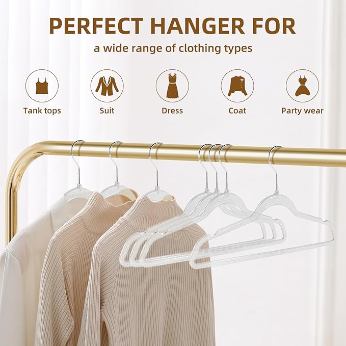 Clear Plastic Hangers 20-Pack - Non-Slip Coat/Clothes Hangers with Silver Glitter; Ideal for Weddings; Lightweight and Space-Saving for Closet Organization.