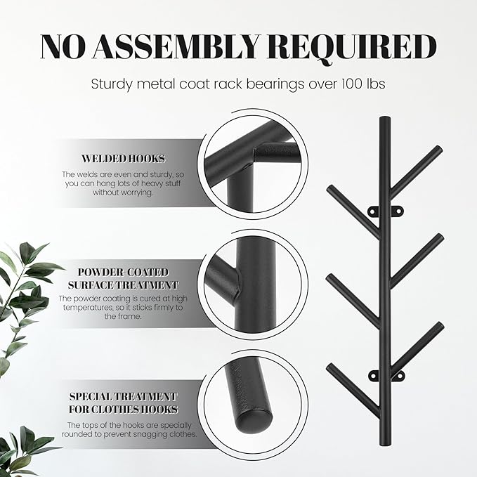2 Pack Vertical Coat Rack Wall Mount,Metal Vertical Hat Rack for Wall(16 inches),Suitable for Hanging Clothes, Hats, Bags and Scarves(Black)