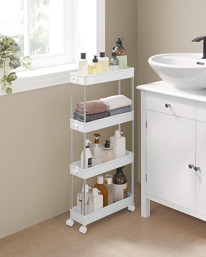 SONGMICS Slim Storage Cart, 4-Tier Rolling Cart, Narrow Utility Cart on Wheels, 6 Hooks, 360° Swivel Wheels, Lockable, Steel Frame, Bathroom, Kitchen, Office, Cloud White UKSC08WT