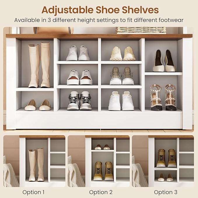 Itaar Hall Tree with Bench and Shoe Storage, 3-in-1 Entryway Bench with Coat Rack, Hall Tree with Adjustable Shoe Storage and Hanging Hooks, White and Brown (White and Brown)