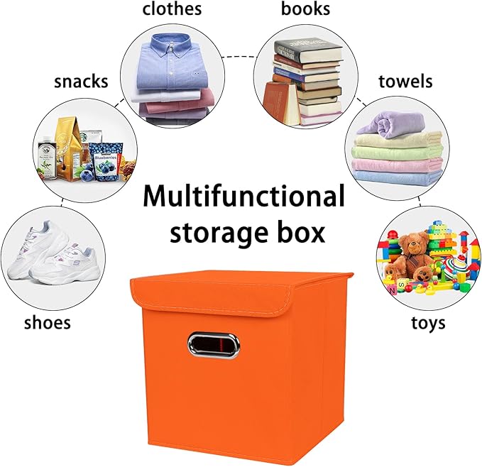 Closet Organizers Fabric Storage Bins With Lids Collapsible Cube Storage Organizer Basket With Handles,Storage Boxes for Clothes Storage,Office,Laundry,Shelves,6 Pack,（Orange）