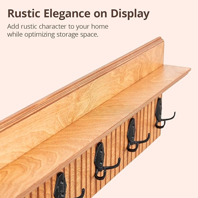 Rustic Wall Mounted Coat Rack with Shelf Wooden Entryway Organizer with 5 Metal Hooks for Coats Hats Towels Keys Floating Storage Shelf for Bathroom Bedroom (Oak, 20 inch Striped (4 Hooks))