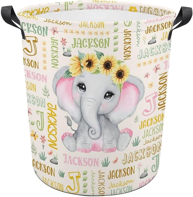 Elephant Laundry Basket,Custom Laundry Hamper with Name,Personalized Elephant Gifts for Boys Girls,Customize Collapsible Laundry Basket for Bedroom Bathroom,S-16.5"x 13.8"
